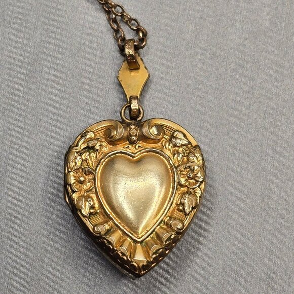 Victorian 12K Gold Filled Heart Locket Necklace Old Mine Cut Blue Paste Stones - Picture 11 of 16